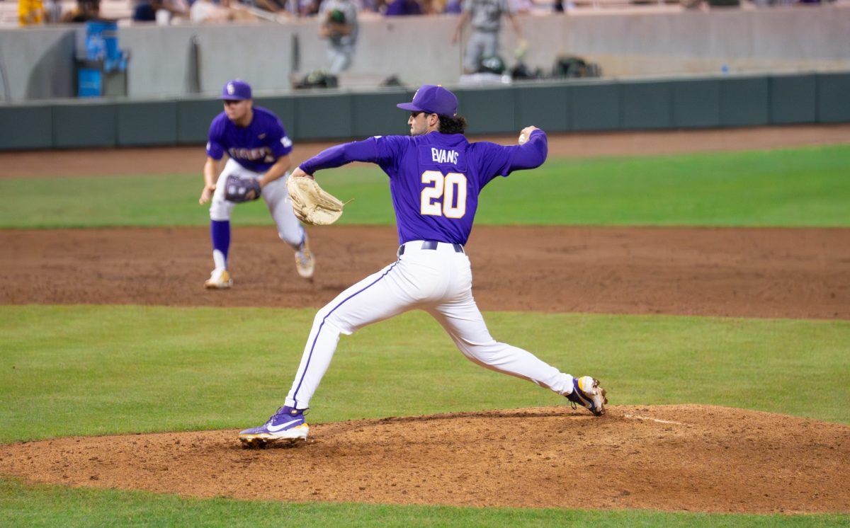LSU baseball sophomore right-handed pitcher Casan Evans (20) pitches the ball during the Tigers' 5-3 win over Dartmouth Friday, Feb. 28, 2026, at Alex Box Stadium in Baton Rouge, La.