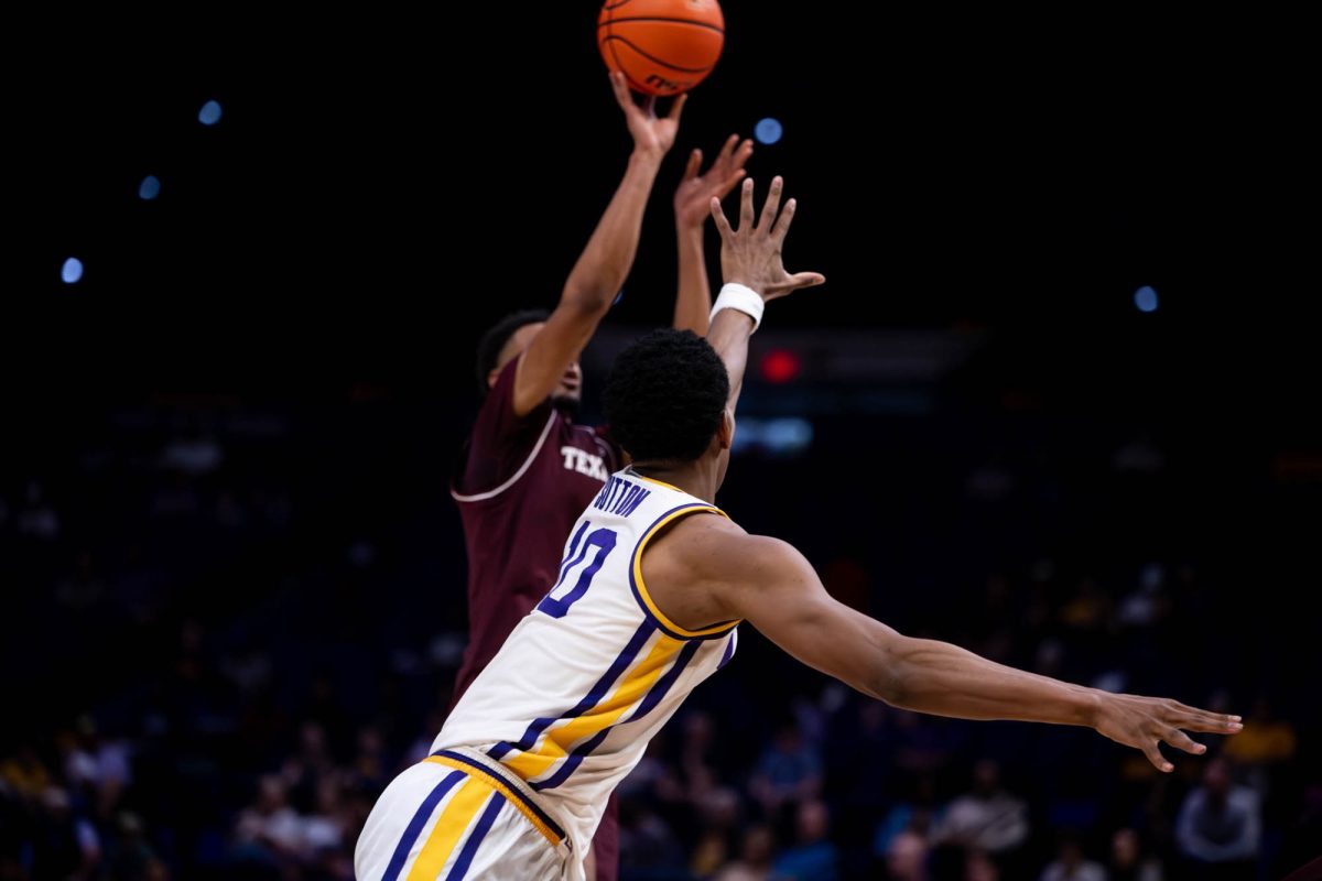 LSU men's basketball fifth-year senior forward Marquel Sutton (10) plays defense on Saturday, March 7, 2026, during the 94-91 triple overtime loss to Texas A&M at the Pete Maravich Assembly Center in Baton Rouge, La.
