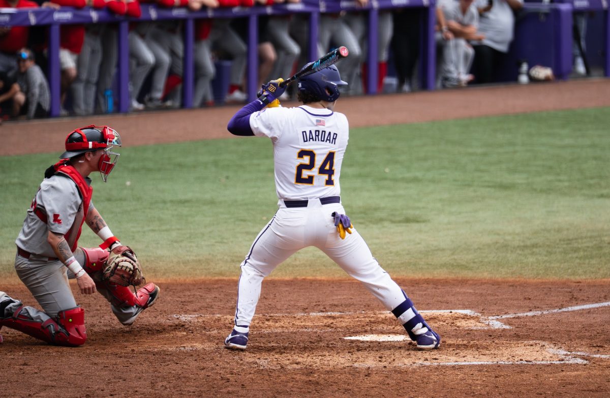 LSU baseball fifth-year senior Seth Dardar (24) stands at the plate during the Tigers' 12-1 win over Nicholls on Wednesday, Feb. 18, 2026, at Alex Box Stadium in Baton Rouge, La.