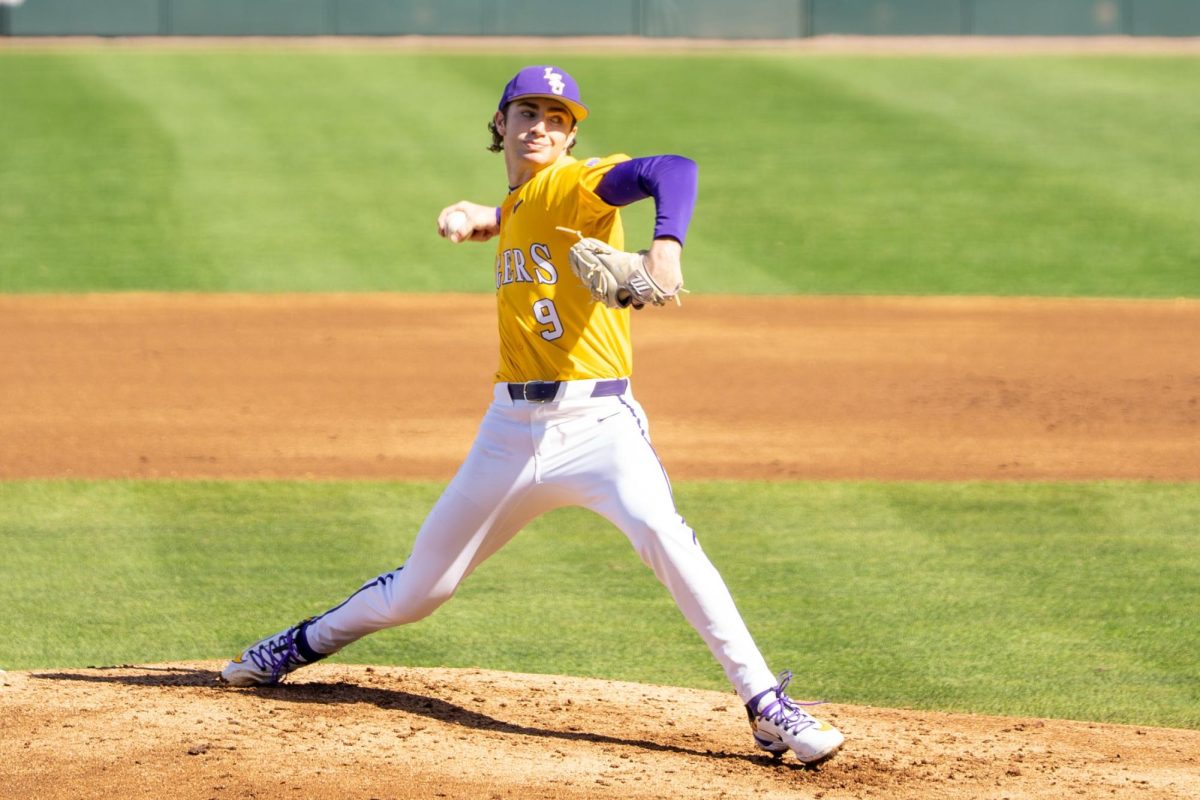 LSU baseball sophomore pitcher William Schmidt (9) pitches the ball during the Tigers' 21-7 victory vs Milwaukee Sunday, Feb. 15, 2026, at Alex Box Stadium in Baton Rouge, La.