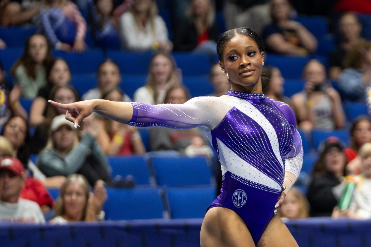 LSU gymnastics all-around sophomore Kaliya Lincoln performs her floor exercise routine during the Tigers' SEC Championship loss Saturday, March 21, 2026, at the Bank of Oklahoma Center in Tulsa, Okla.