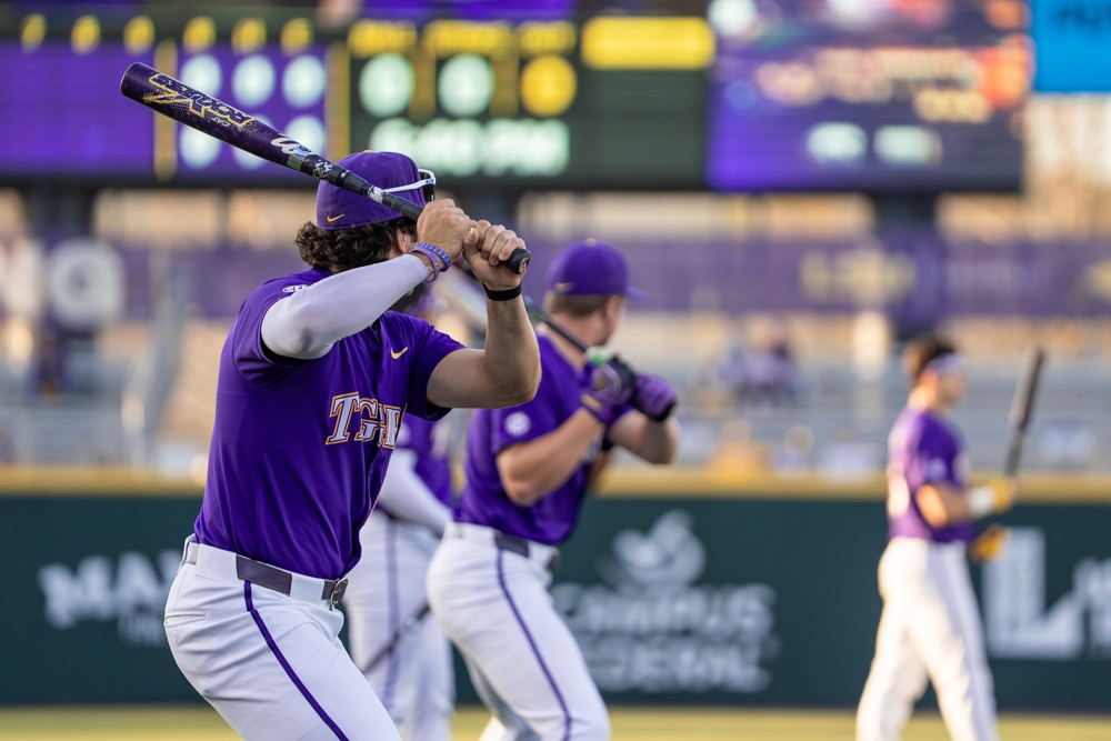 LSU baseball freshman outfielder William Patrick (23) swings a bat during the Tigers' 7-1 victory vs Oklahoma Thursday, March 19, 2026, at Alex Box Stadium in Baton Rouge, La.
