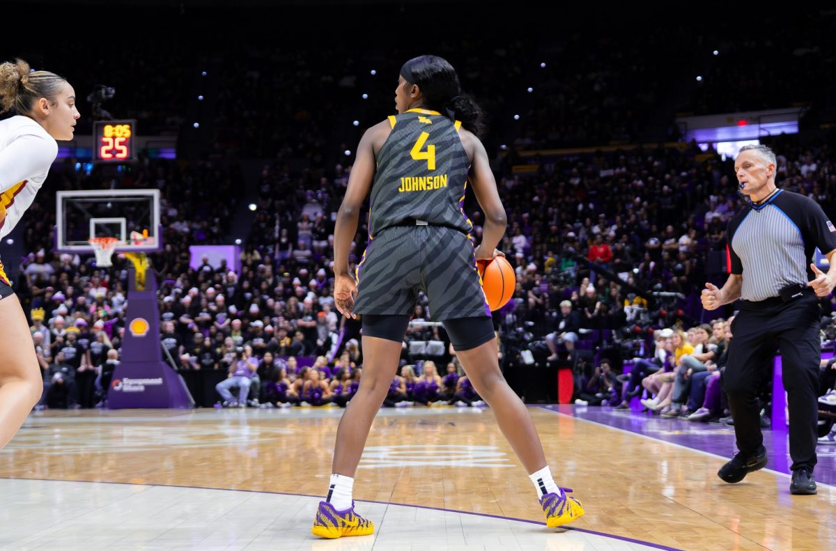 LSU women's basketball senior guard Flau'jae Johnson (4) looks for an opening during the Tigers' 79-72 loss against South Carolina Saturday, Feb. 14, 2026, at the Pete Maravich Assembly Center in Baton Rouge, La.