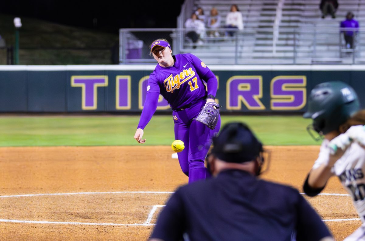 LSU softball senior pitcher Patyn Monticelli (17) pitches the ball during the Tigers' 5-4 win over Michigan State Saturday, Feb. 21, 2026, at Tiger Park in Baton Rouge, La.
