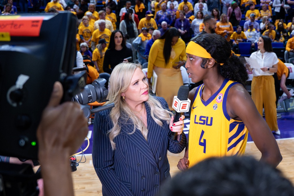 LSU women’s basketball senior guard Flau'jae Johnson (4) speaks in an interview during the Tigers’ 89-73 victory over Tennessee Thursday, Feb. 26, 2026, at the Pete Maravich Assembly  Center in Baton Rouge, La.