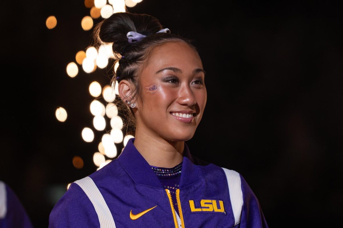 LSU gymnastics all-around sophomore Kailin Chio walks out during the Tigers' SEC Championship loss Saturday, March 21, 2026, at the Bank of Oklahoma Center in Tulsa, Okla.