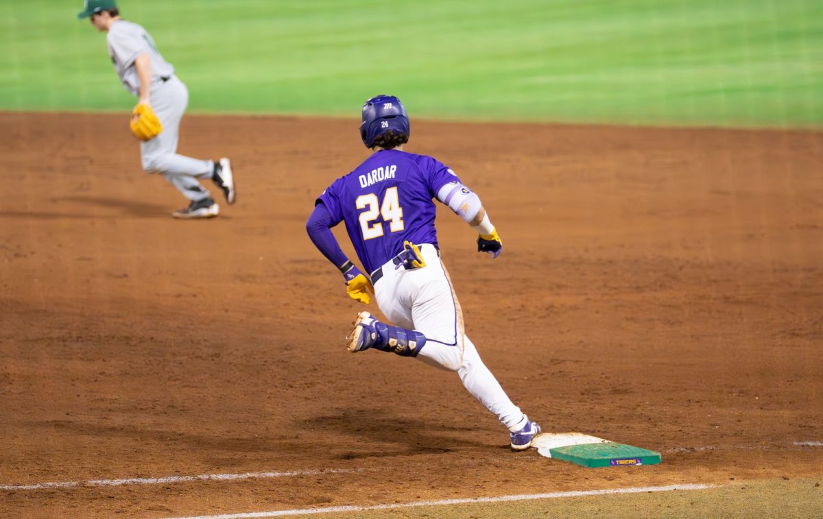 LSU baseball fifth-year senior infielder Seth Dardar (24) rounds first during the Tigers' 5-3 win over Dartmouth Friday, Feb. 28, 2026, at Alex Box Stadium in Baton Rouge, La.