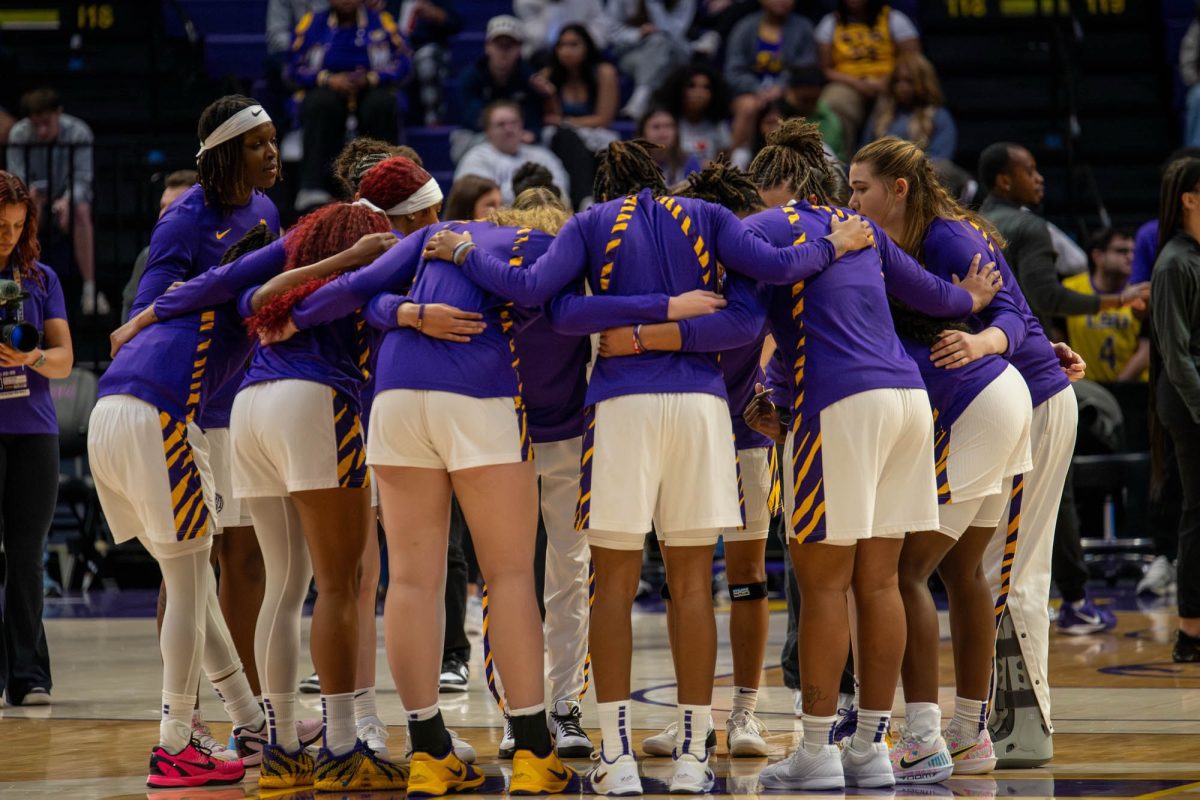 LSU women’s basketball team huddles before LSU’s 108-55 win against University of Missouri on Sunday, Feb. 22, 2026, at the Pete Maravich Assembly Center in Baton Rouge, La.