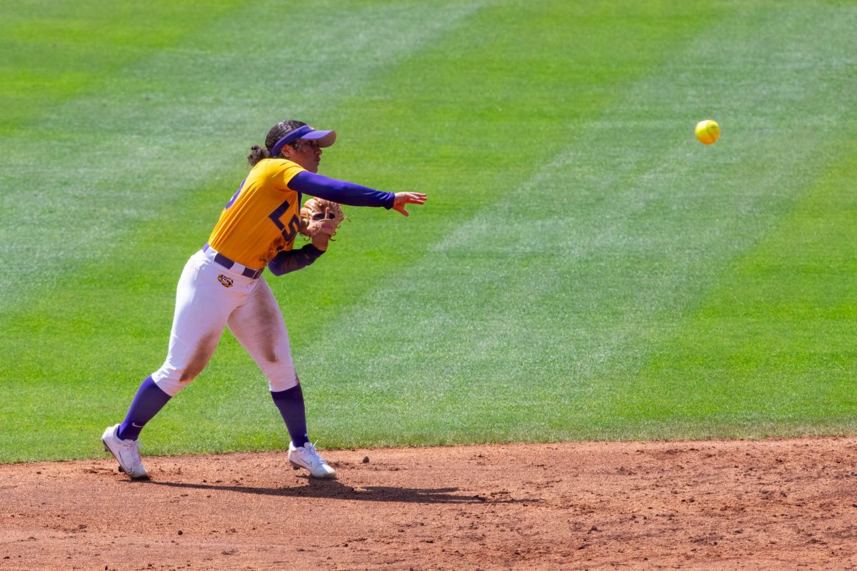 LSU softball junior utility Sierra Daniel (23) throws the ball Sunday, March 29, 2026, during their 4-8 loss to Oklahoma at Tiger Park in Baton Rouge, La.