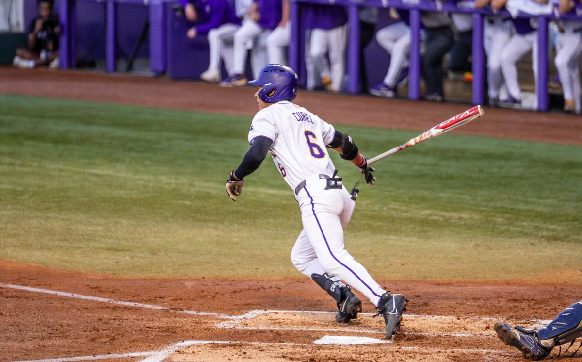 LSU baseball sophomore outfielder Derek Curiel (6) runs to first during the Tigers' 16-6 win over Southern Tuesday, March 31, 2026, at Alex Box Stadium in Baton Rouge, La.