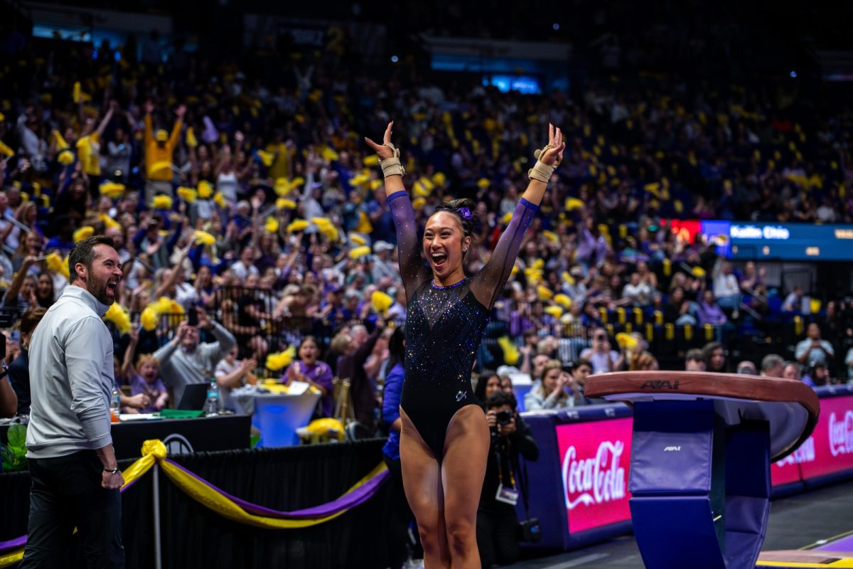 LSU gymnastics all-around sophomore Kailin Chio smiles after vault during LSU's 198.075-197.100 win against Arkansas on Friday, March 13, 2026, at the Pete Maravich Assembly Center in Baton Rouge, La.