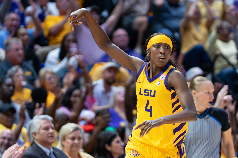 LSU women’s basketball senior guard Flau'jae Johnson (4) celebrates during the Tigers’ 89-73 victory over Tennessee Thursday, Feb. 26, 2026, at the Pete Maravich Assembly  Center in Baton Rouge, La.