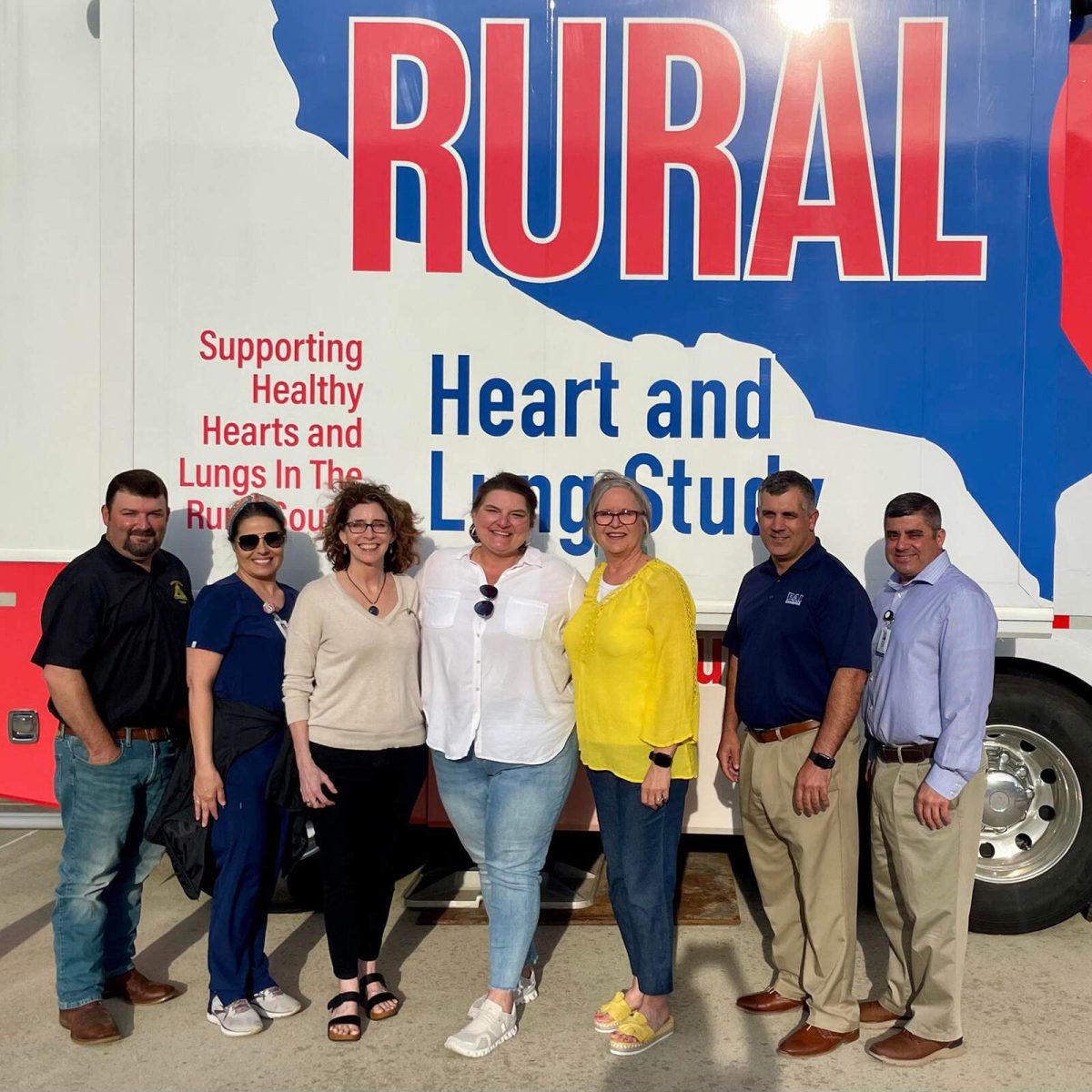From Left to Right: Assumption Parish Police Juror Michael Dias; Our Lady of the Lake Assumption Ancillary Support Coordinator Stephanie Domingue, RURAL Louisiana Lead Investigator Stephanie Broyles, Community Engagement Coordinator Erin Theriot, RURAL Community Advisory Board Chair (Assumption Parish) Robin Landry, Assumption Parish Police Jury President Leroy Blanchard, Our Lady of the Lake Assumption Hospital Administrator Brian Tripode.
Courtesy of LSU.