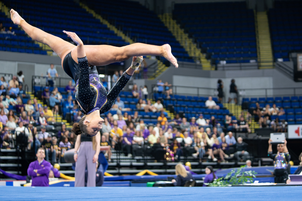LSU gymnastics all-around junior Kylie Coen performs her floor exercise routine during the Podium Challenge against Alabama, North Carolina and Arizona Sunday, March 1, 2026, at the Raising Cane’s River Center in Baton Rouge, La.