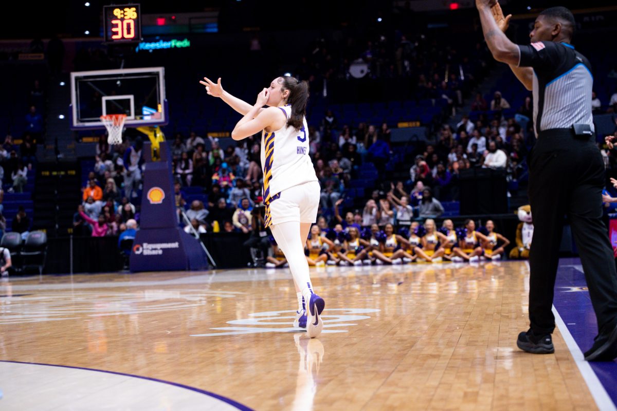 LSU women's basketball freshman guard Bella Hines (3) celebrates the 121-41 win against Langston on Thursday, Oct. 29, 2025, at the Pete Maravich Assembly Center in Baton Rouge, La.