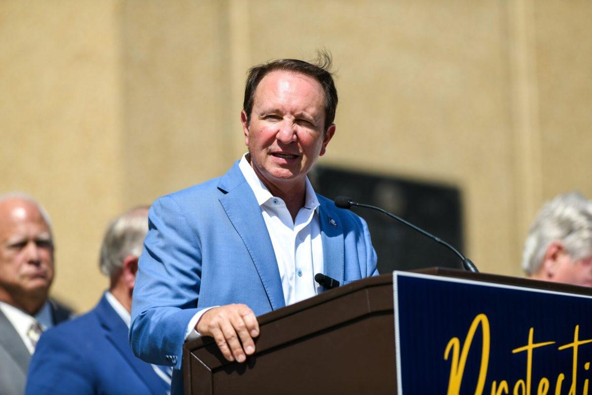 Louisiana Governor Jeff Landry speaks on an executive order about free speech to a crowd on Tuesday, Oct. 1, 2024, outside of the LSU Memorial Tower on Dalrymple Drive in Baton Rouge, La. 
