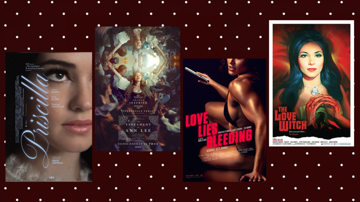Collage of "Priscilla," "The Testament of Ann Lee," "Love Lies Bleeding," and "The Love Witch"