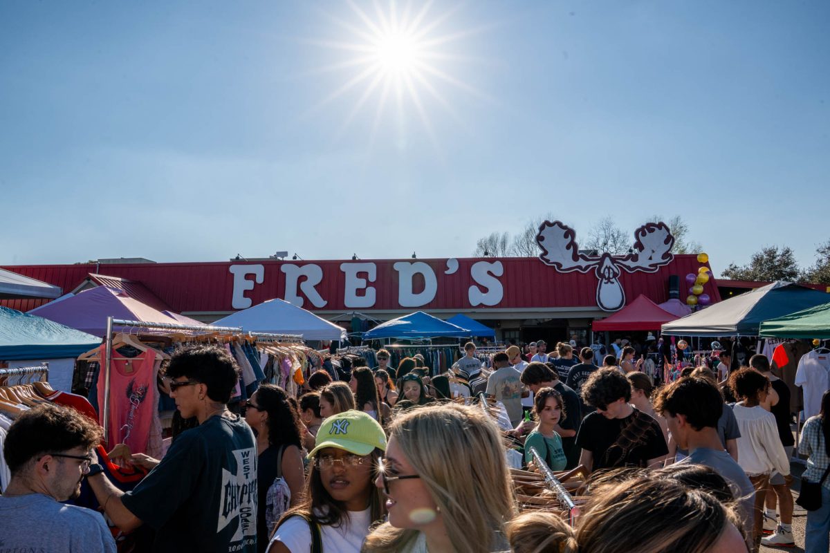 A crowd of people shopping at multiple markets during the off-campus vintage & arts market on Sunday, March 1, 2026, at Fred’s in Tigerland in Baton Rouge, La.