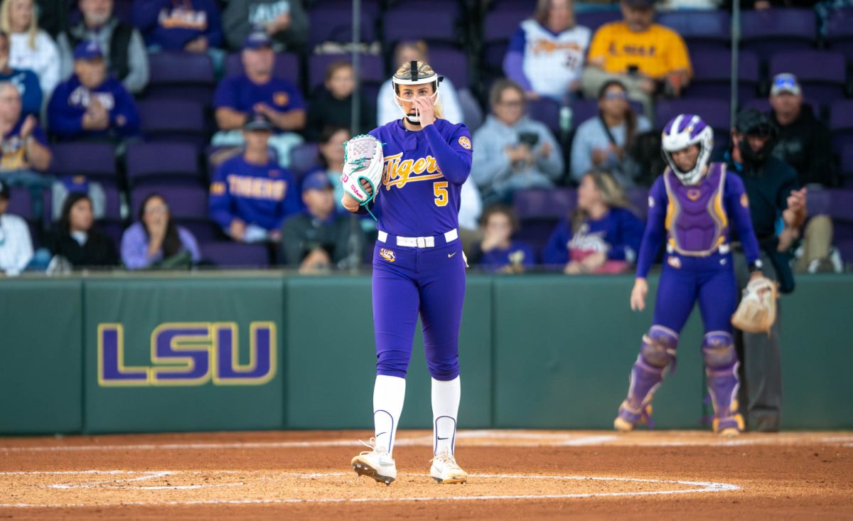 LSU softball freshman pitcher Cali Deal (5) walks to the mound during their 2-1 win against Chipola College Sunday, Nov. 2, 2025, at Tiger Park, Baton Rouge, La.