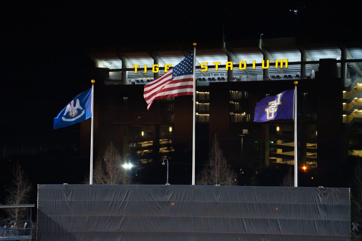 Flags blow during the Tigers' 13-10 loss to Northeastern Monday, March 2, 2026, at Alex Box Stadium in Baton Rouge, La.