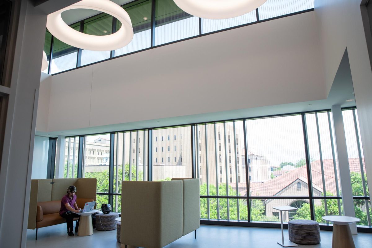 A student studies inside the newly constructed Our Lady of the Lake Health Interdisciplinary Science Building on Wednesday, April 1, 2026, on LSU’s campus in Baton Rouge, La.