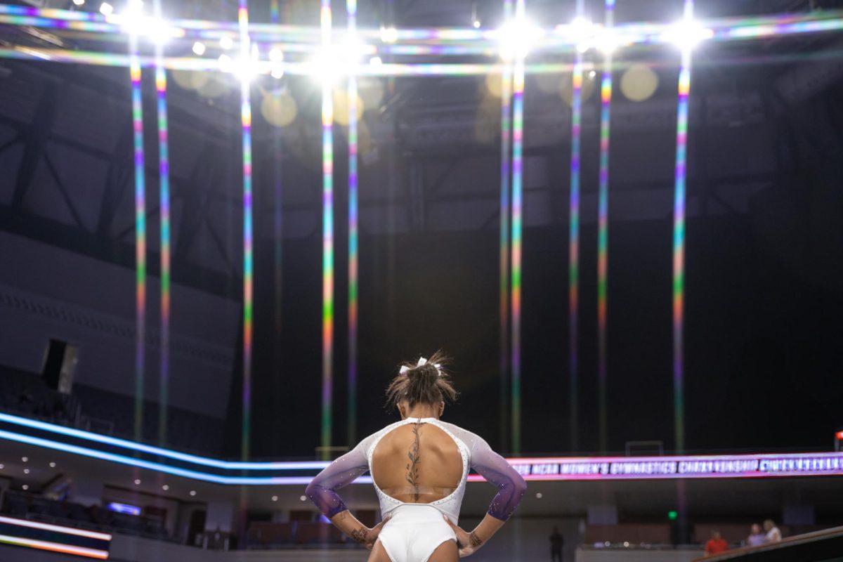 LSU gymnastics all-around junior Amari Drayton stands during the Tigers' 197.4375 win Thursday, April 16, 2026, at the Dickies Arena in Fort Worth, Texas.