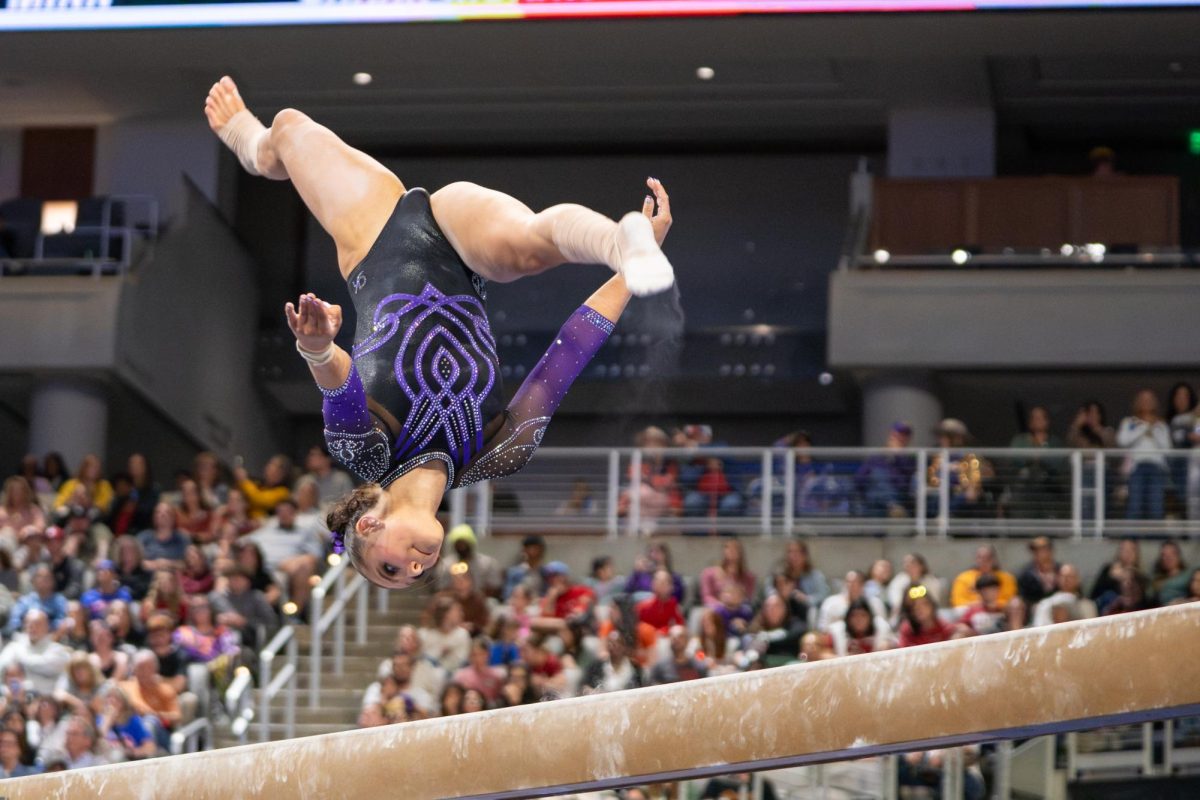 LSU gymnastics all-around sophomore Lexi Zeiss performs her beam routine during the Tigers' 198.0750 loss Saturday, April 18, 2026, at the Dickies Arena in Fort Worth, Texas.