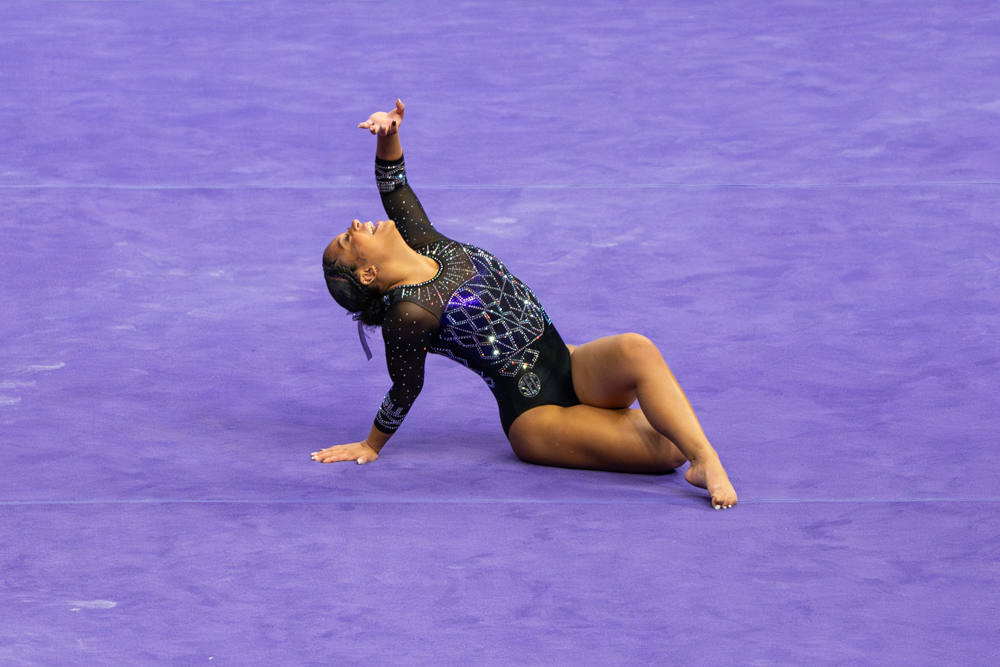 LSU gymnastics all-around freshman Nina Ballou performs her floor exercise routine during the Tigers' 197.825 win Saturday, April 4, 2026, at the Pete Maravich Assembly Center in Baton Rouge, La.