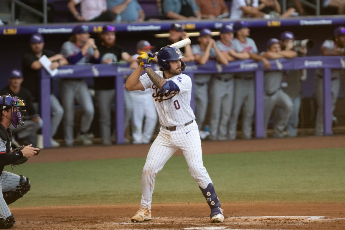 LSU baseball sophomore catcher Cade Arrambide (0) prepares to hit the ball Tuesday, April 14, 2026, LSU’s 4-2 win against Northwestern State University at Alex Box Stadium in Baton Rouge, La.