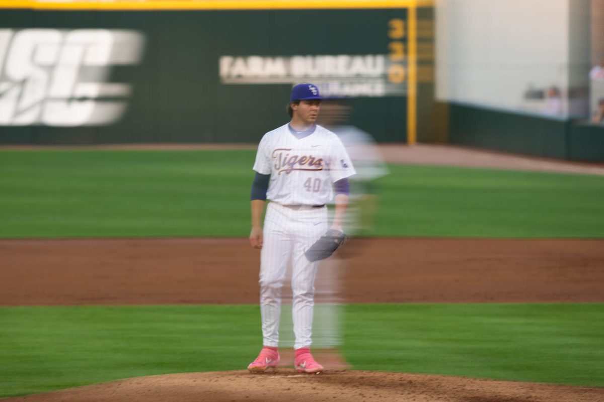 LSU baseball 5th-year senior right-handed pitcher Grant Fontenot (40) stands on the mound Tuesday, April 14, 2026, during LSU’s 4-2 win against Northwestern State University at Alex Box Stadium in Baton Rouge, La.