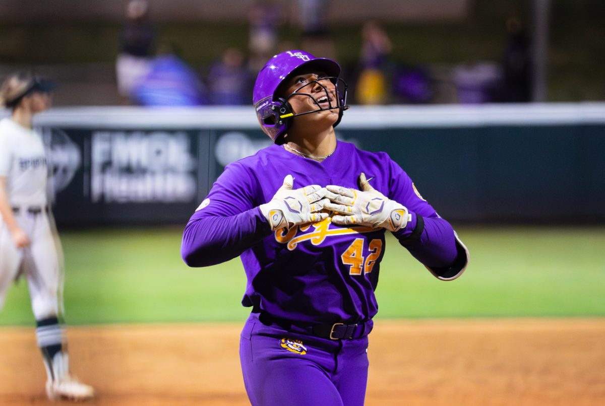 LSU softball redshirt sophomore Tori Edwards (42) looks to the sky during the Tigers' 5-4 win over Michigan State Saturday, Feb. 21, 2026, at Tiger Park in Baton Rouge, La.