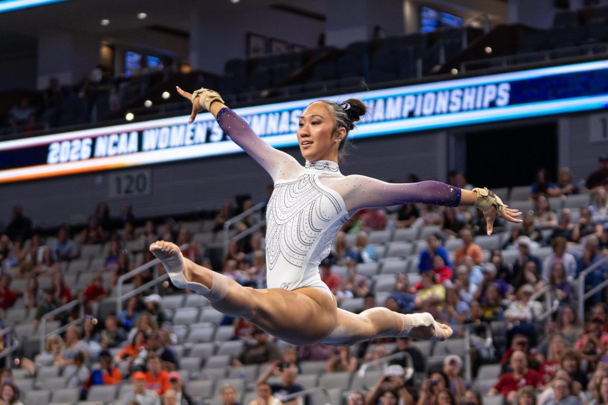 LSU gymnastics all-around sophomore Kailin Chio performs her floor exercise routine during the Tigers' 197.4375 win Thursday, April 16, 2026, at the Dickies Arena in Fort Worth, Texas.