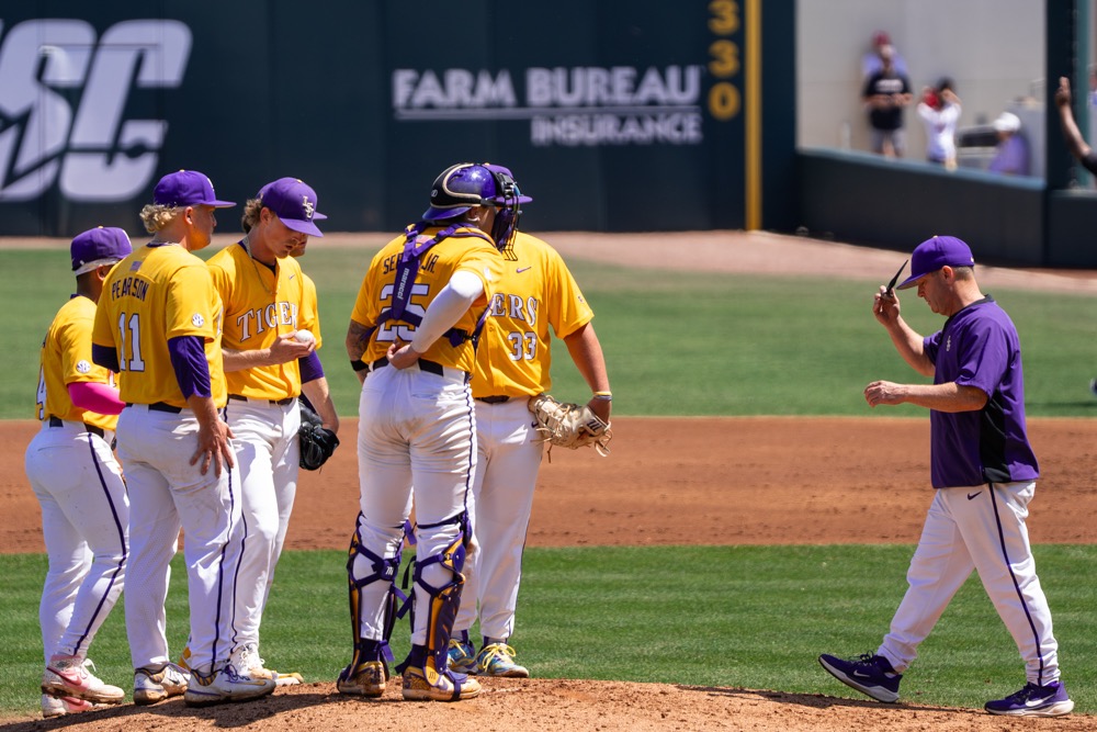 LSU baseball head coach Jay Johnson walks to the mound during the Tigers' 17-10 victory vs Kentucy Sunday, March 29, 2026, at Alex Box Stadium in Baton Rouge, La.