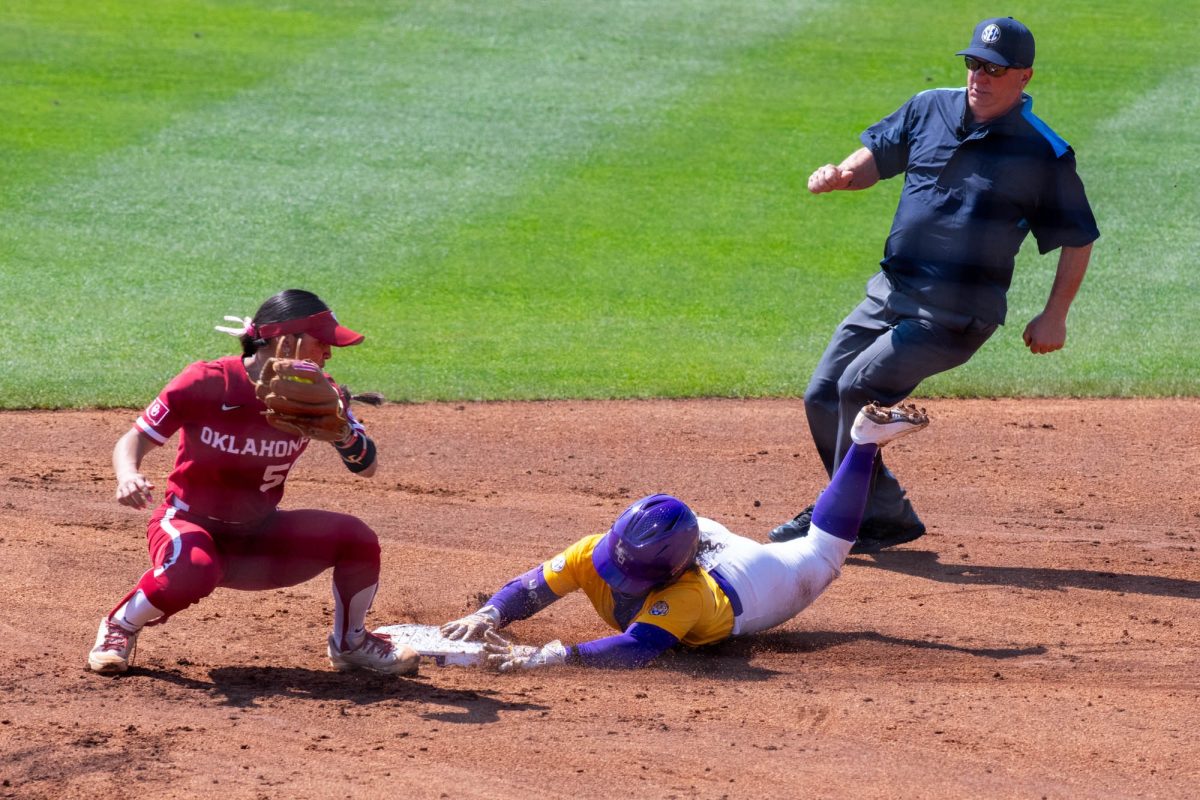 LSU softball junior utility Sierra Daniel (23) slides into second base Sunday, March 29, 2026, during their 4-8 loss to Oklahoma at Tiger Park in Baton Rouge, La.
