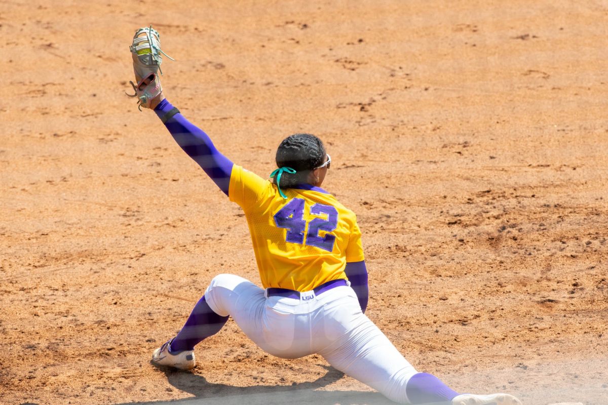 LSU softball redshirt sophomore utility Tori Edwards (42) catches the ball Sunday, March 29, 2026, during their 4-8 loss to Oklahoma at Tiger Park in Baton Rouge, La.