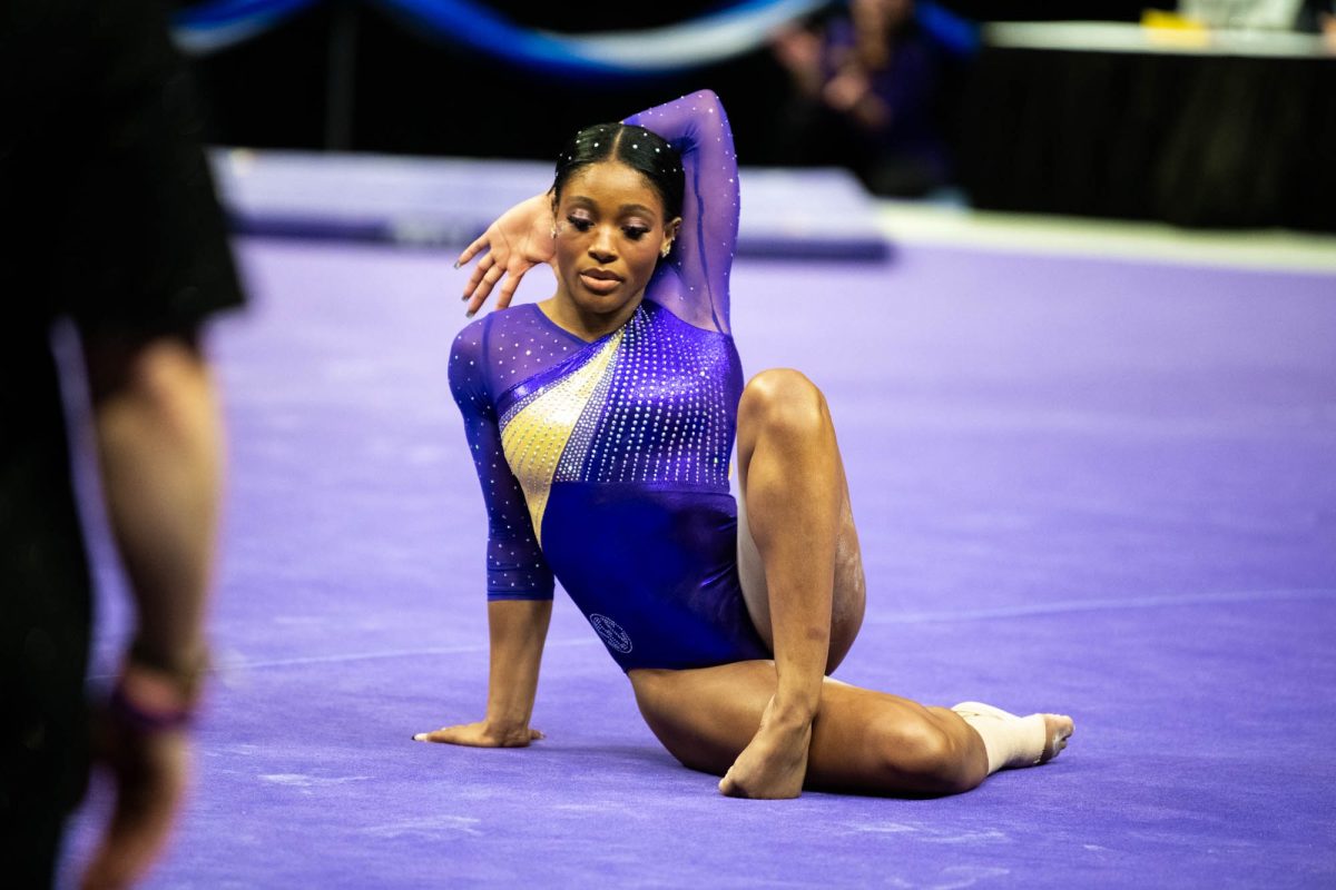 LSU gymnastics sophomore all-around Kaliya Lincoln poses Thursday, April 2, 2026, during their 198.375 win at the Pete Maravich Assembly Center in Baton Rouge, La.