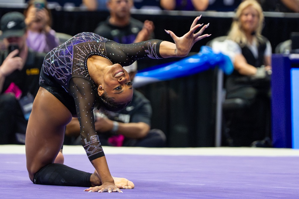 LSU gymnastics all-around junior Amari Drayton performs her floor exercise routine during the Tigers' 197.825 win Saturday, April 4, 2026, at the Pete Maravich Assembly Center in Baton Rouge, La.