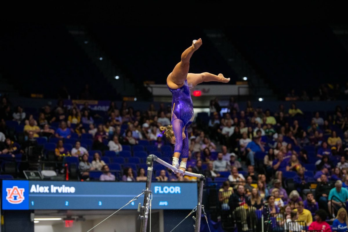 LSU gymnastics senior all-around Ashley Cowan on the bars Thursday, April 2, 2026, during their 198.375 win at the Pete Maravich Assembly Center in Baton Rouge, La.