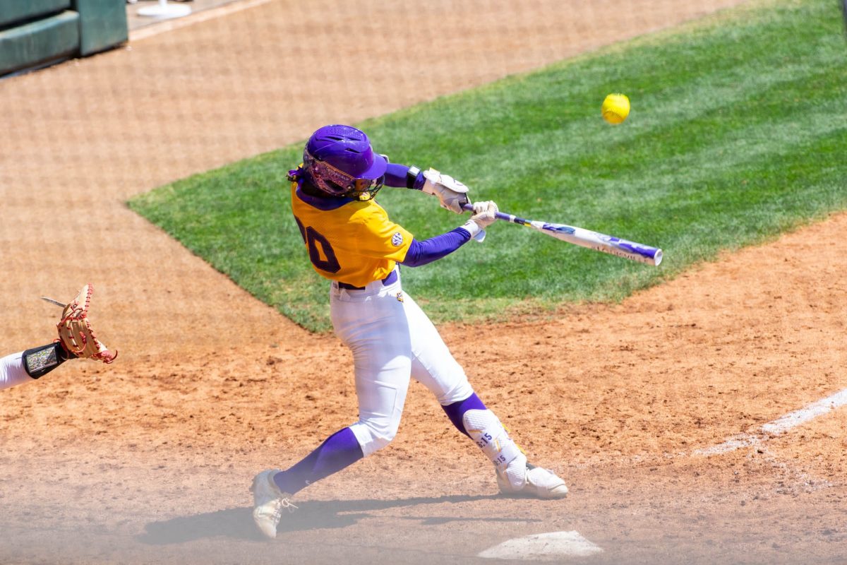 LSU softball sophomore utility Alix Franklin (20) hits the ball Sunday, March 29, 2026, during their 4-8 loss to Oklahoma at Tiger Park in Baton Rouge, La.