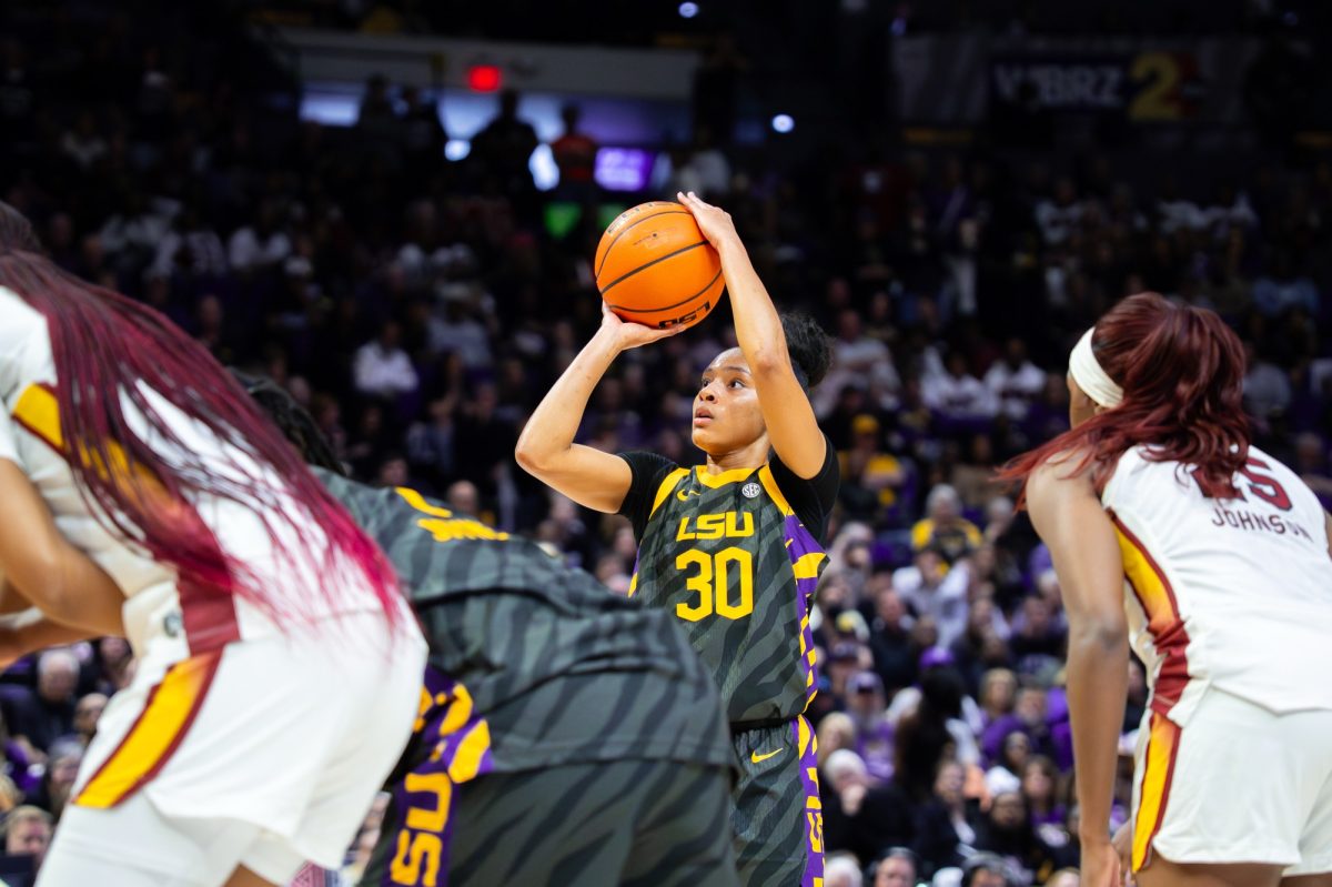 LSU women's basketball sophomore guard Jada Richard (30) shoots the ball during the Tigers' 79-72 loss against South Carolina Saturday, Feb. 14, 2026, at the Pete Maravich Assembly Center in Baton Rouge, La.