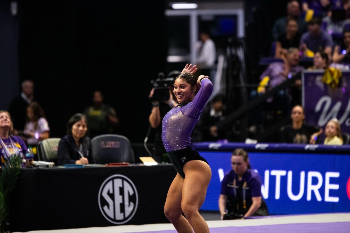 LSU gymnastics all-around freshman Nina Ballou performs her floor routine during LSU’s 197.975-197.600 win against Alabama on Friday, Feb. 27, 2026, at the Pete Maravich Assembly Center in Baton Rouge, La.