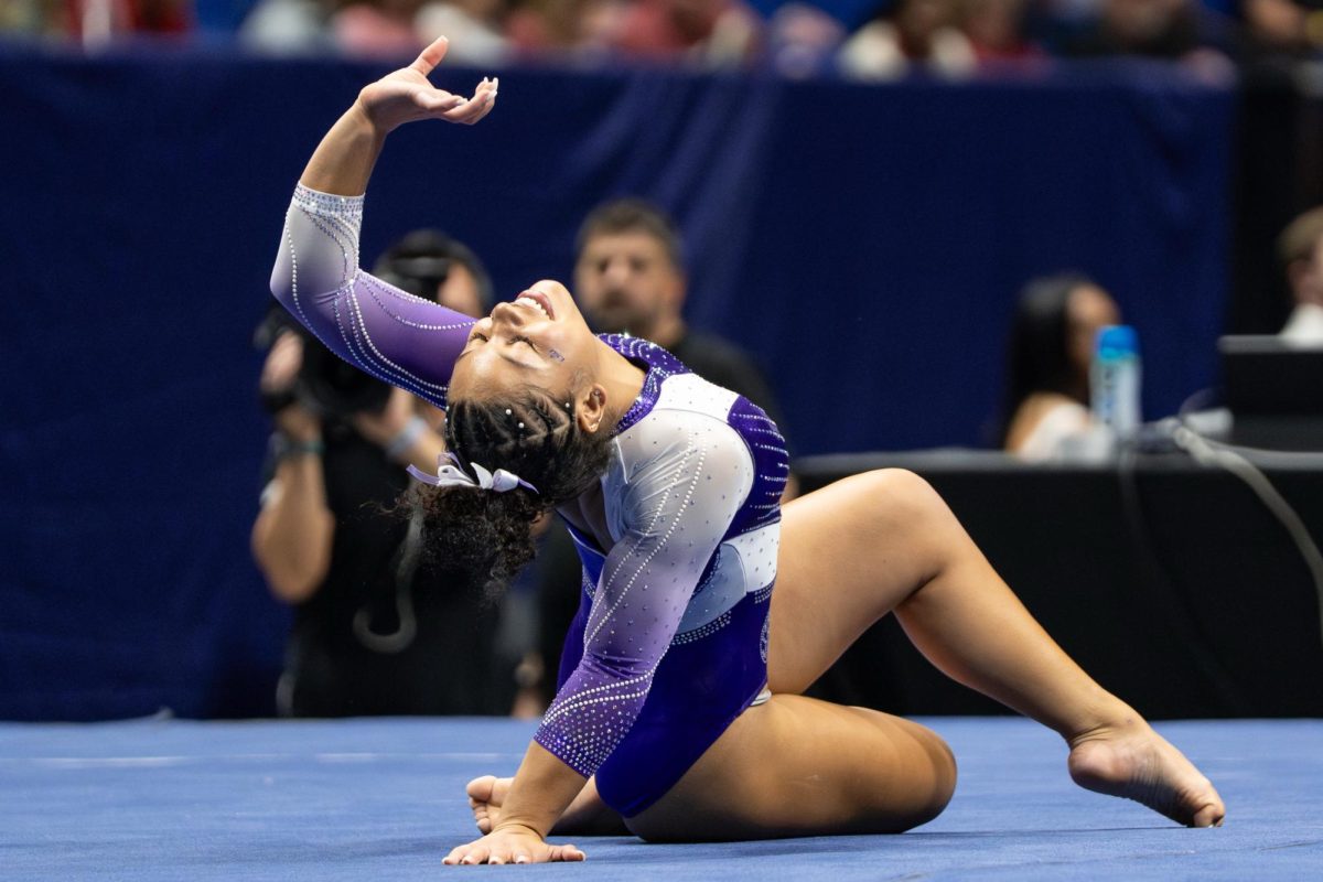 LSU gymnastics all-around freshman Nina Ballou performs her floor exercise routine during the Tigers' SEC Championship loss Saturday, March 21, 2026, at the Bank of Oklahoma Center in Tulsa, Okla.