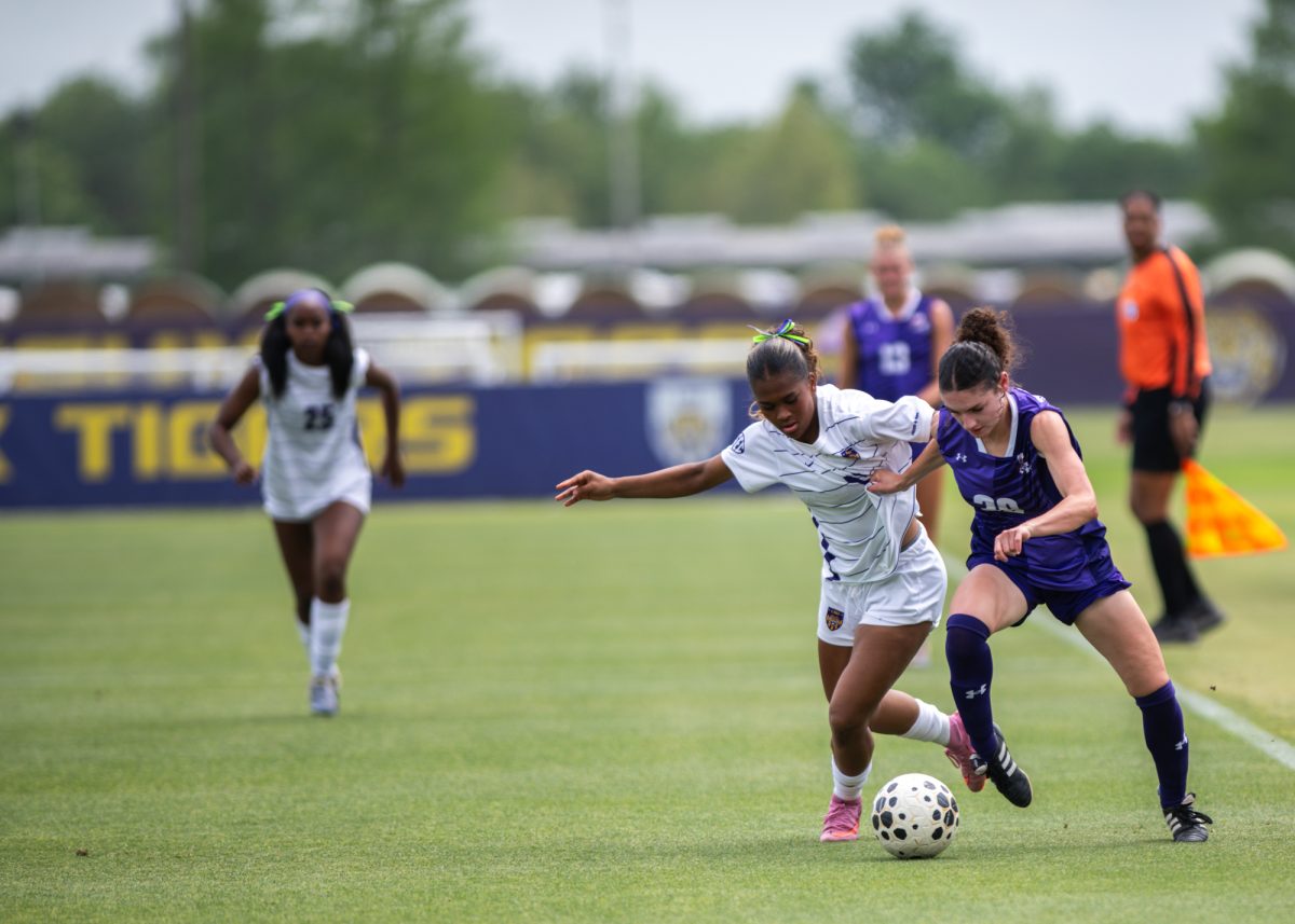 LSU soccer freshman forward Sariyah Bailey (15) plays defense Saturday, April 18, 2026, during the spring game against Northwestern State at the LSU Soccer Stadium in Baton Rouge, La.