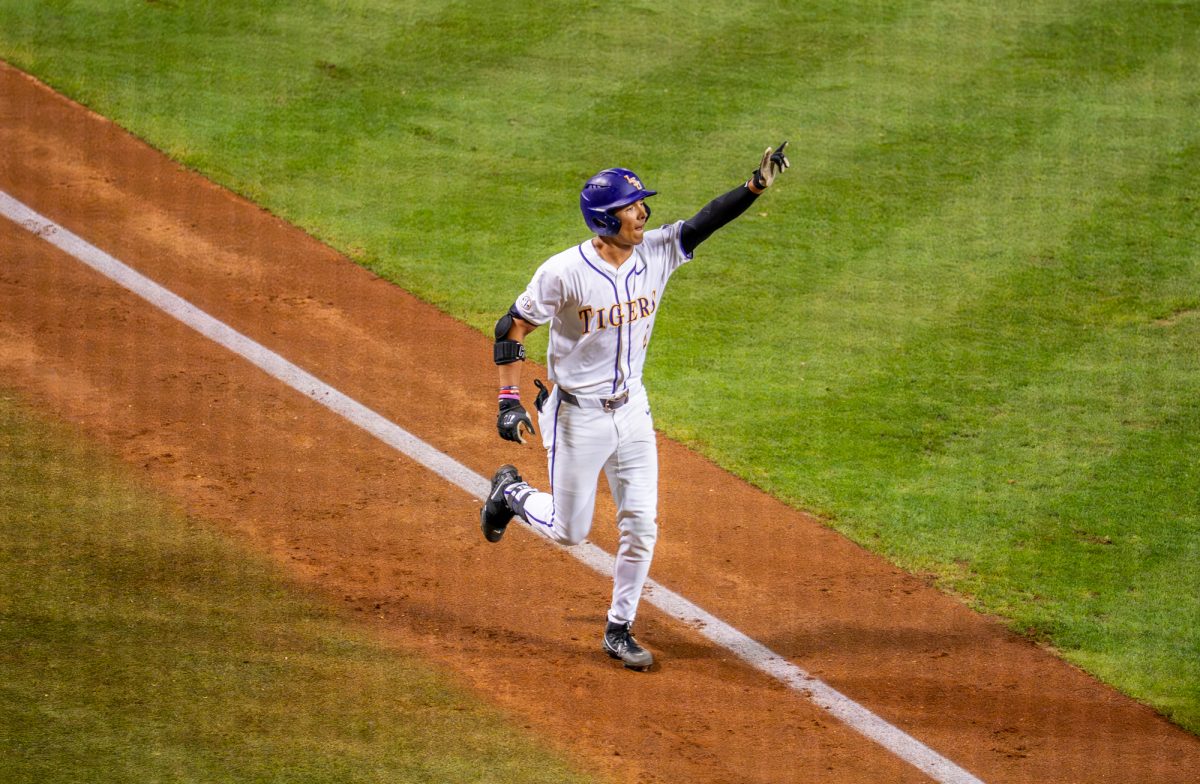 LSU baseball sophomore outfielder Derek Curiel (6) celebrates during the Tigers' 16-6 win over Southern Tuesday, March 31, 2026, at Alex Box Stadium in Baton Rouge, La.