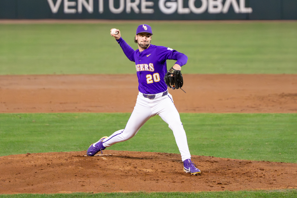 LSU baseball sophomore pitcher Casan Evans (20) pitches the ball during the Tigers' 7-1 victory vs Oklahoma Thursday, March 19, 2026, at Alex Box Stadium in Baton Rouge, La.