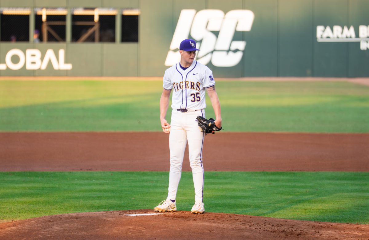 LSU baseball freshman right-handed pitcher Reagan Ricken (35) stands on the mound during the Tigers' 15-5 victory over Louisiana Tech Tuesday, March 24, 2026, at Alex Box Stadium in Baton Rouge, La.