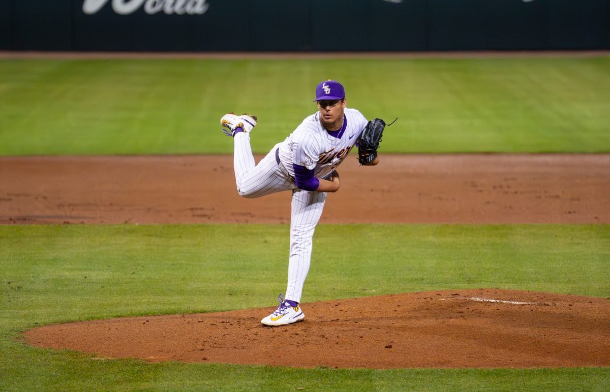 LSU baseball freshman right-handed pitcher Marcos Paz (97) pitches the ball during the Tigers' 7-6 loss against McNeese Tuesday, Feb. 24, 2026, at Alex Box Stadium in Baton Rouge, La.