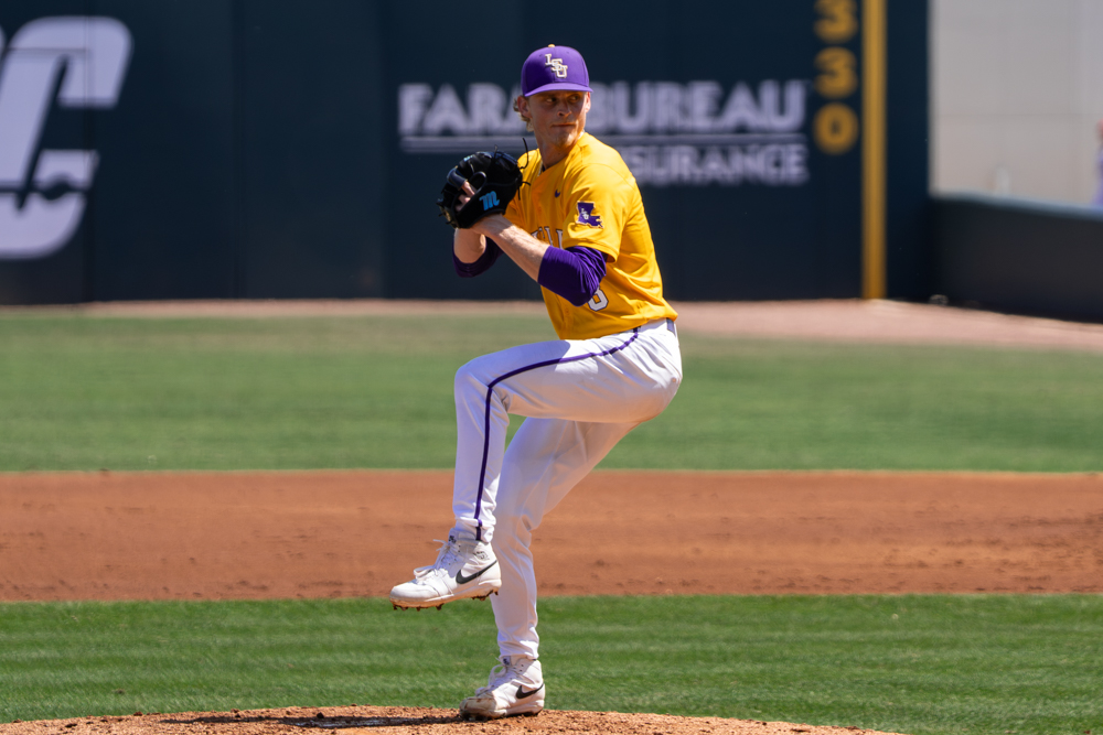 LSU baseball redshirt junior pitcher Gavin Guidry (8) pitches the ball during the Tigers' 17-10 victory vs Kentucy Sunday, March 29, 2026, at Alex Box Stadium in Baton Rouge, La.