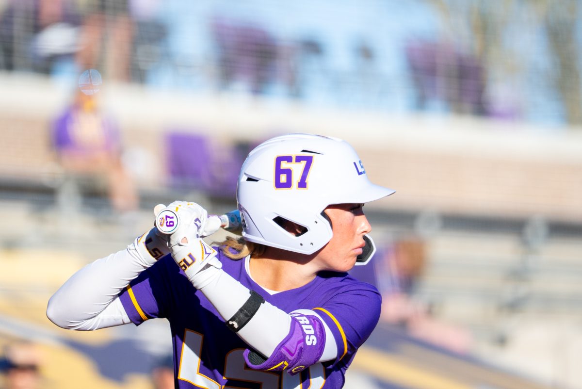LSU softball junior infielder Kylee Edwards (67) stands at the plate during the Tigers' 6-2 win over Nevada Friday, Feb. 6, 2025, at Tiger Park in Baton Rouge, La.