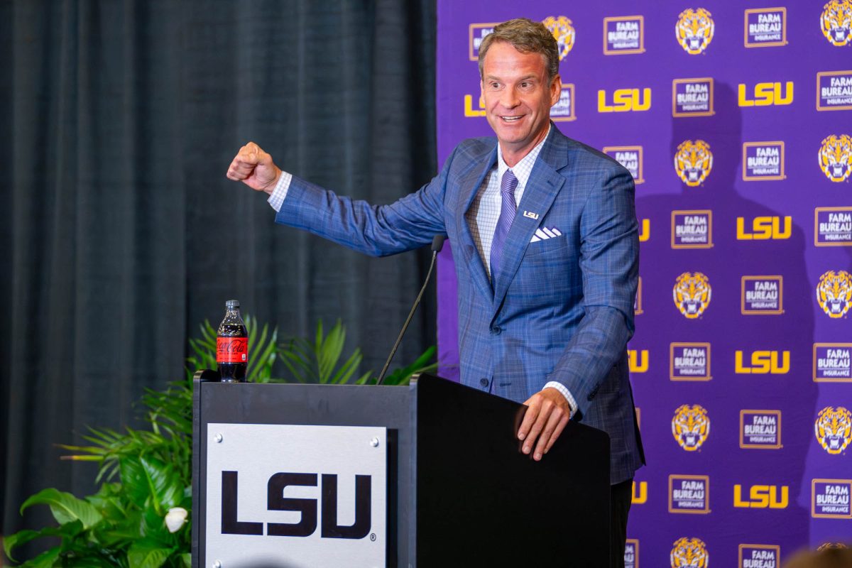 LSU football head coach Lane Kiffin addresses the audience during his opening press conference Monday, Dec. 1, 2025, at Tiger Stadium in Baton Rouge, La.